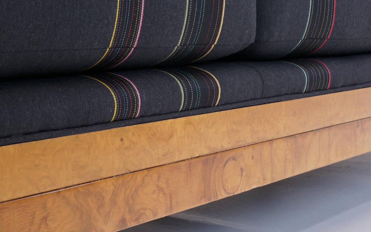 Milo Baughman Burl Wood Case Sofa Reupholstered in Paul Smith Fabric for Maharam 2