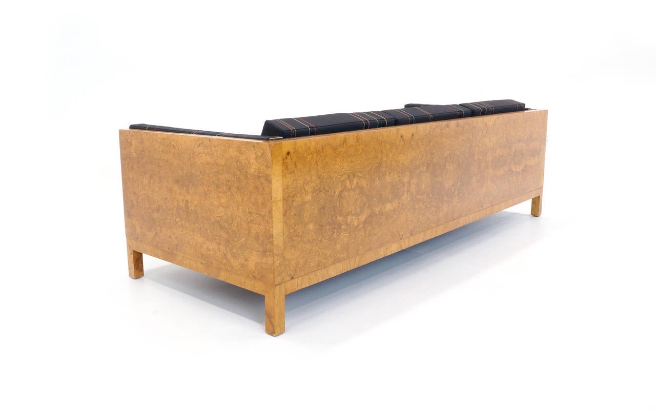 Mid-Century Modern Milo Baughman Burl Wood Case Sofa Reupholstered in Paul Smith Fabric for Maharam