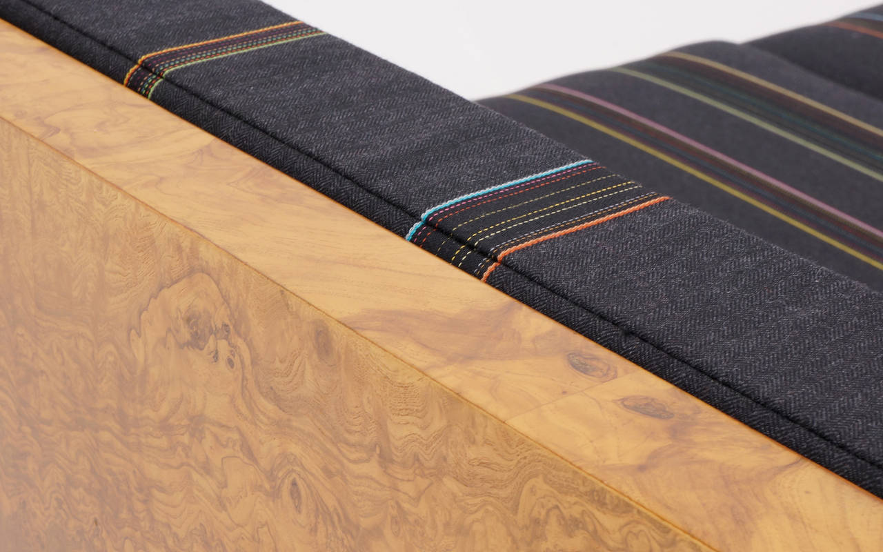 Milo Baughman Burl Wood Case Sofa Reupholstered in Paul Smith Fabric for Maharam 1