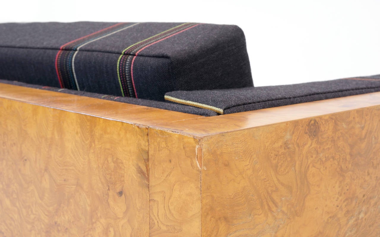 Mid-20th Century Milo Baughman Burl Wood Case Sofa Reupholstered in Paul Smith Fabric for Maharam