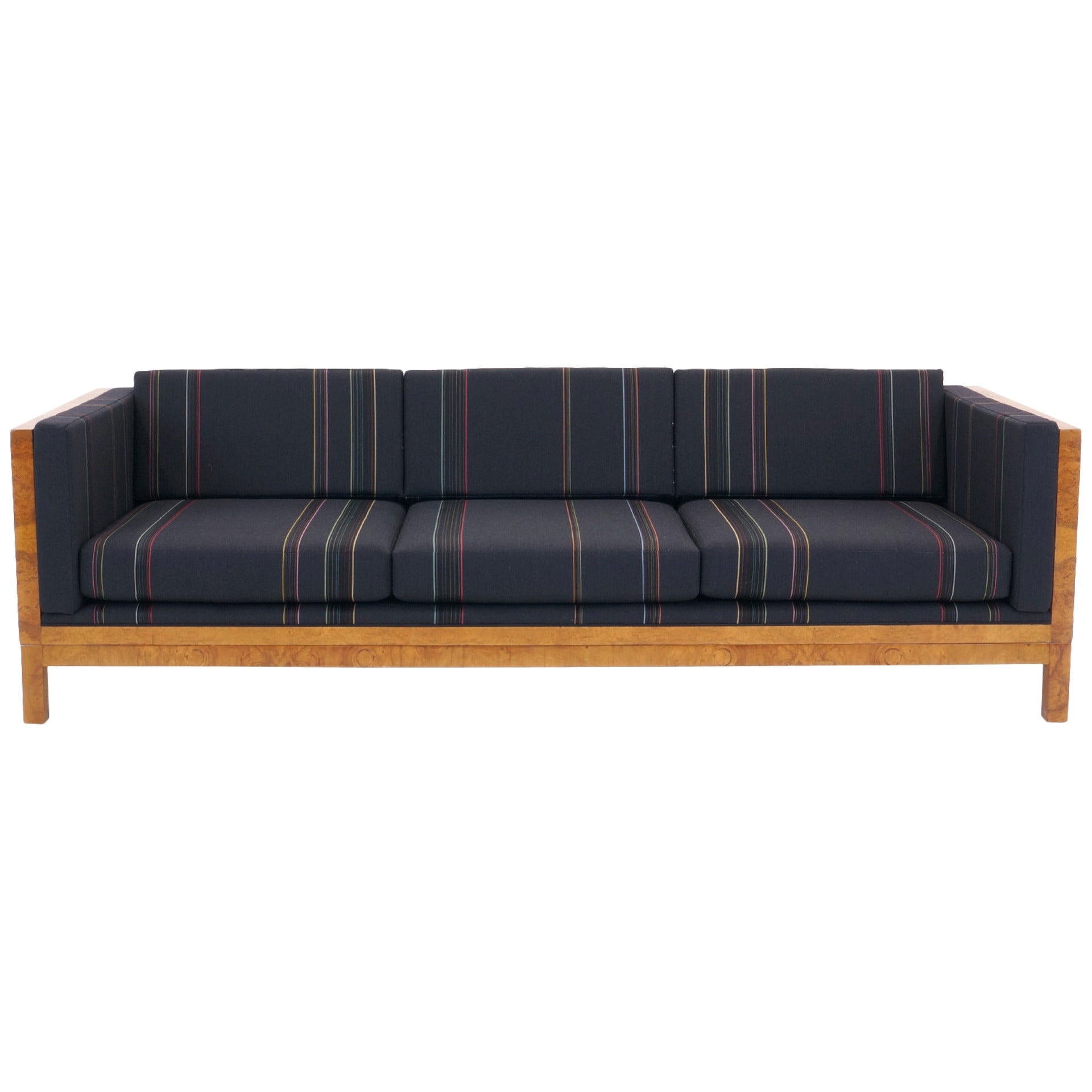 Milo Baughman Burl Wood Case Sofa Reupholstered in Paul Smith Fabric for Maharam