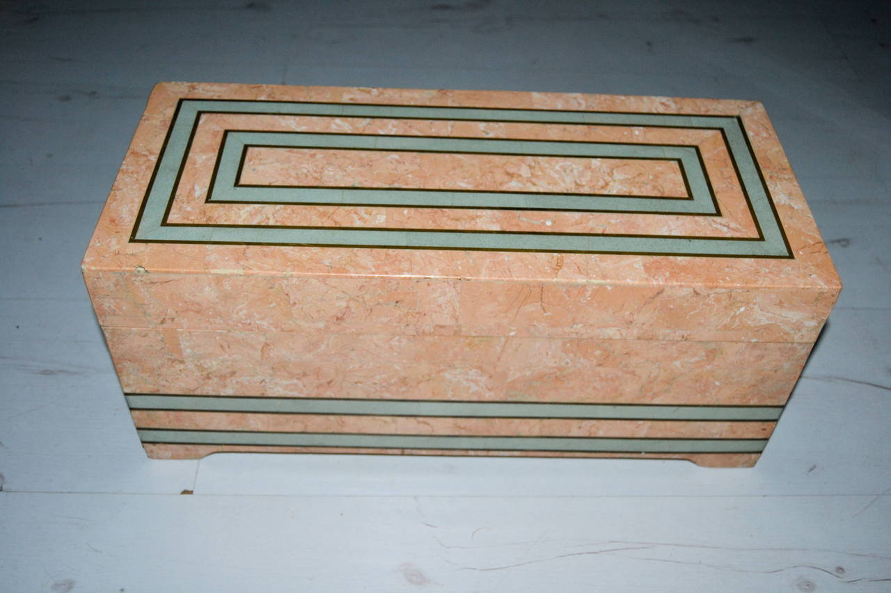 Large 1970s  tessellated marble boxe with brass inlaid details.France