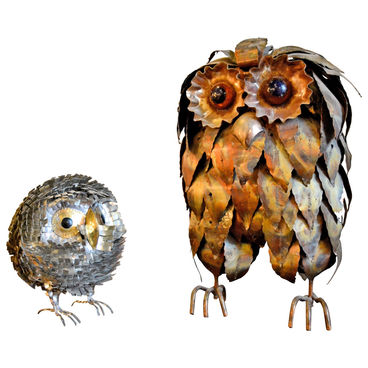 Two 1970s Metal Owls