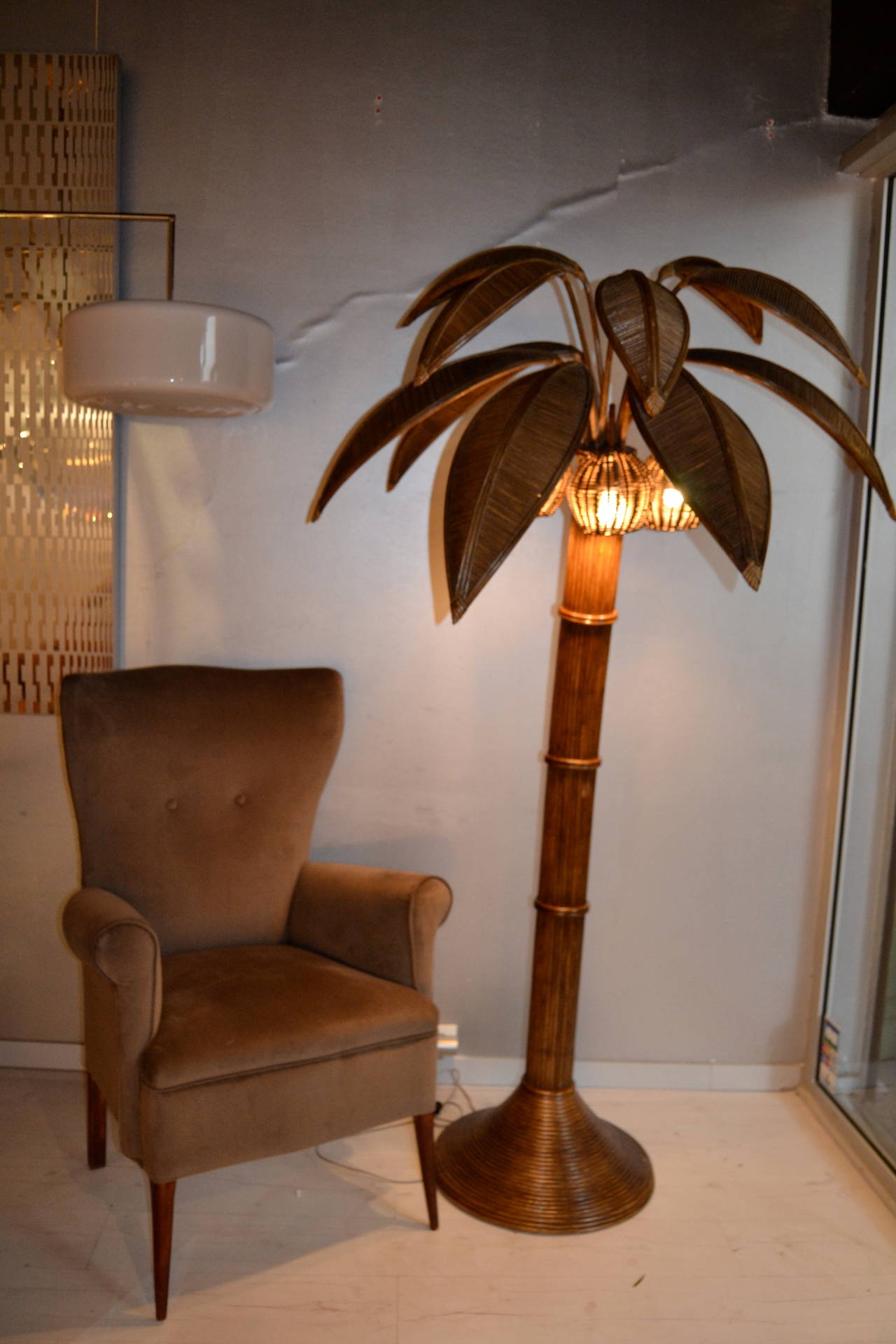 Late 20th Century 1970s Large Palm Tree Floor Lamp in Bamboo