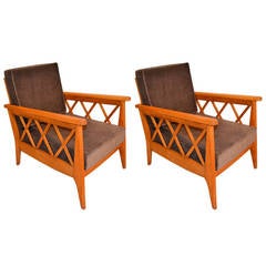 Elegant Pair of 1940s Croisillon Armchairs in the Manner of Royere
