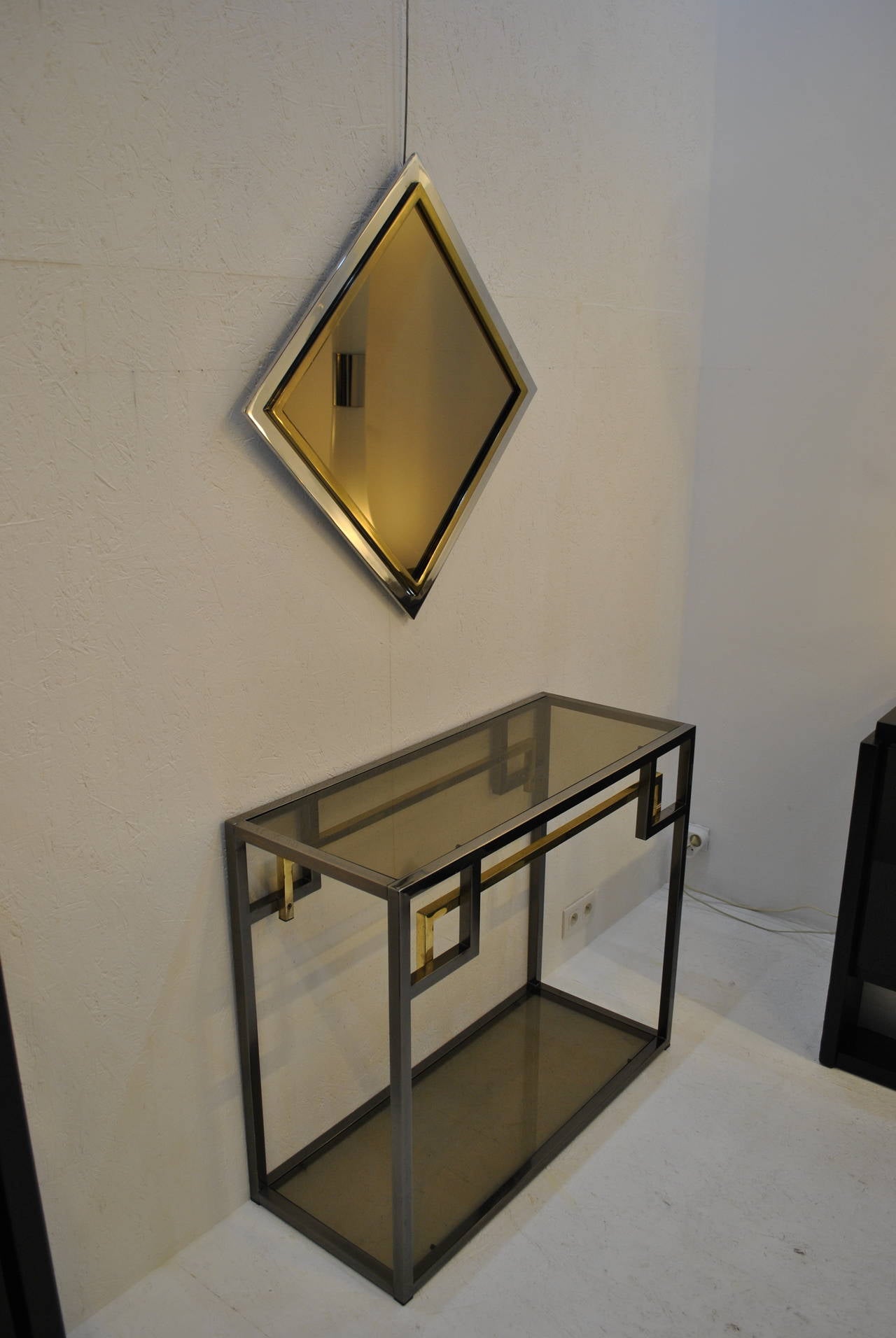 Hollywood Regency Chrome and Gold-Plated Console Table and Mirror by Belgo Chrom, 1970s
