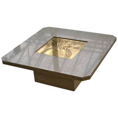 Persan Marble and Acid Etched Brass Coffee Table by Georges Mathias, 1970s