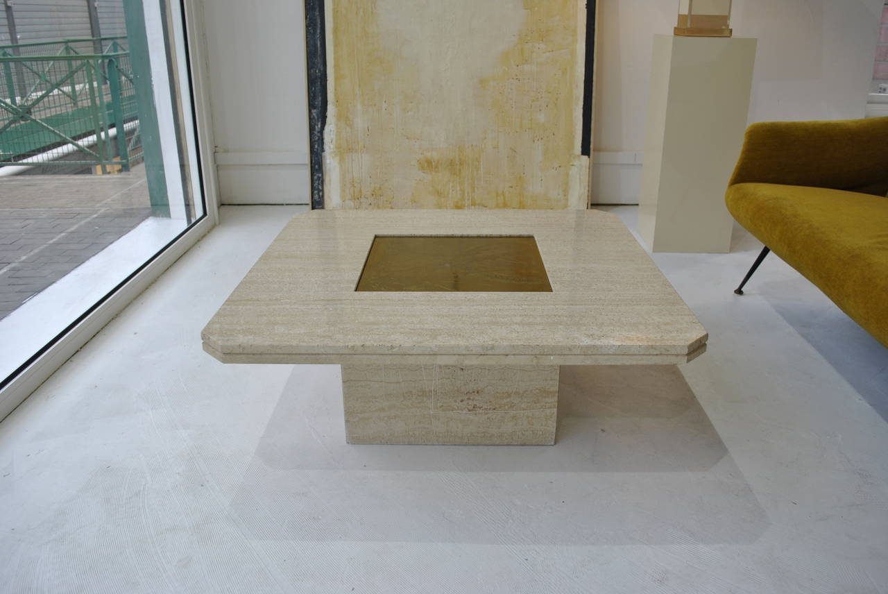 Belgian Persan Marble and Acid Etched Brass Coffee Table by Georges Mathias, 1970s