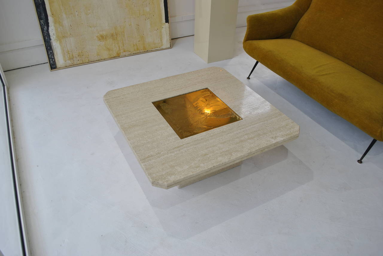 Persan Marble and Acid Etched Brass Coffee Table by Georges Mathias, 1970s In Good Condition In Saint-Ouen, FR
