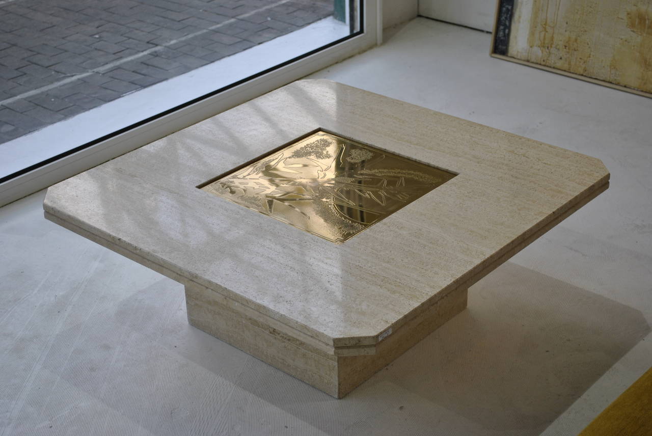 Late 20th Century Persan Marble and Acid Etched Brass Coffee Table by Georges Mathias, 1970s