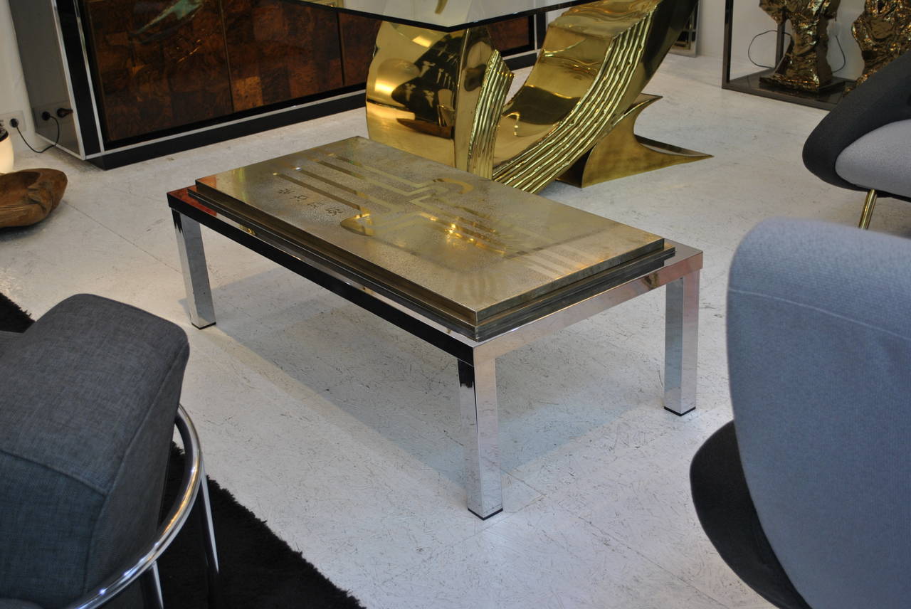 Mid-Century Modern Belgian Acid Etched Brass Coffee Table, 1970s