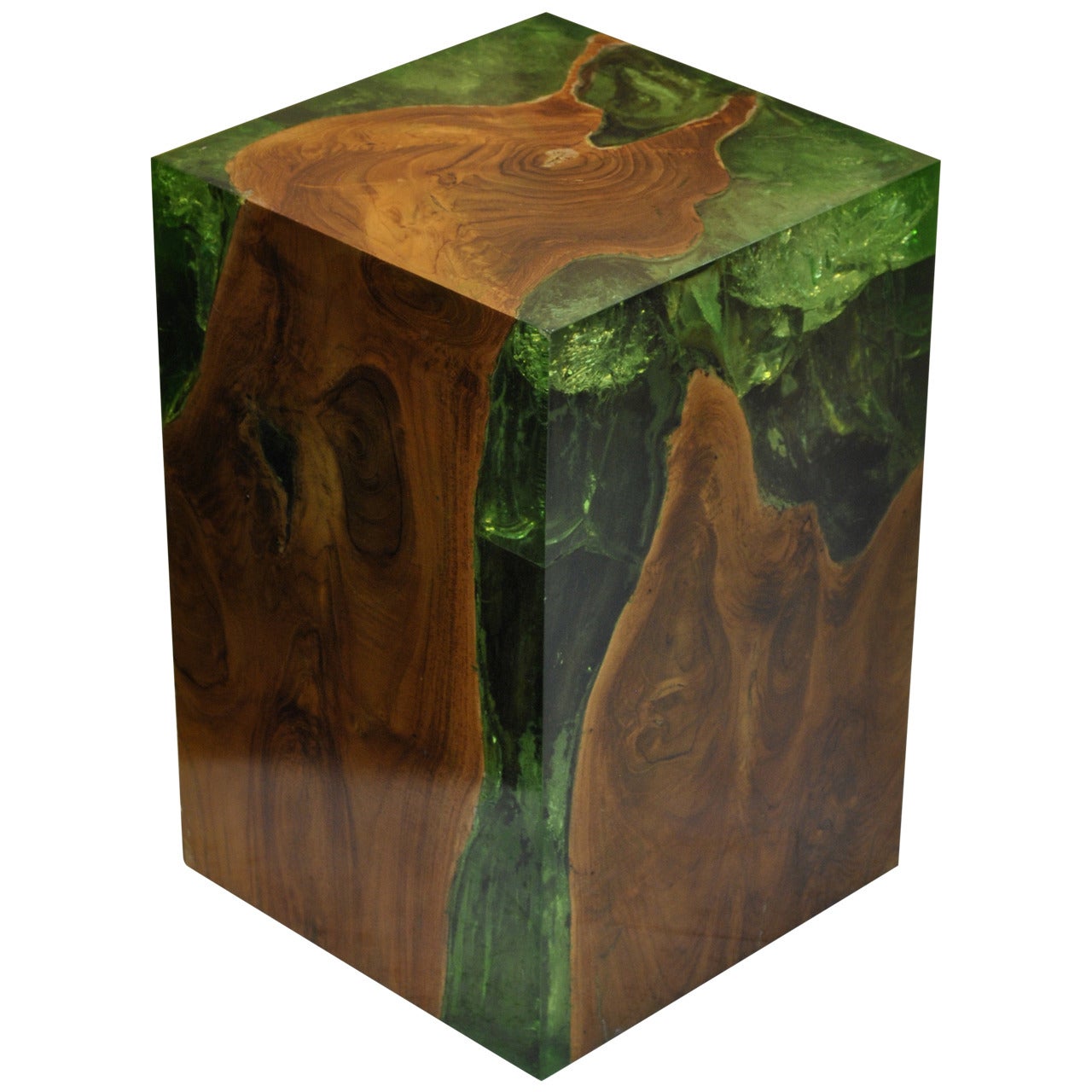 Modern Fractal Resin and Teak Stool or Side Table