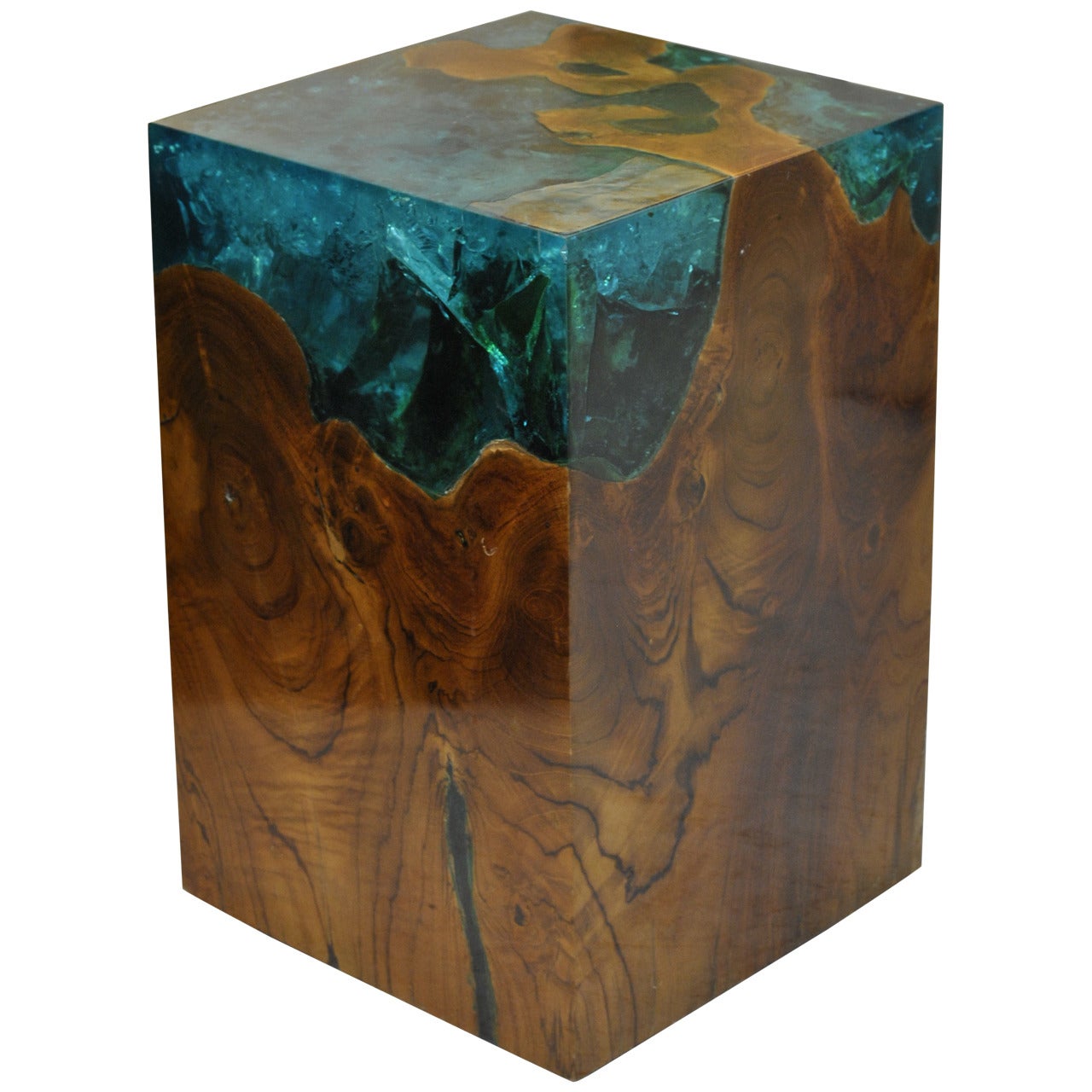 Modern Fractal Resin and Teak Stool or Side Table