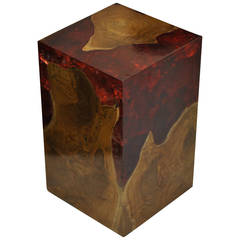 Modern Fractal Resin and Teak Stool or Side Table