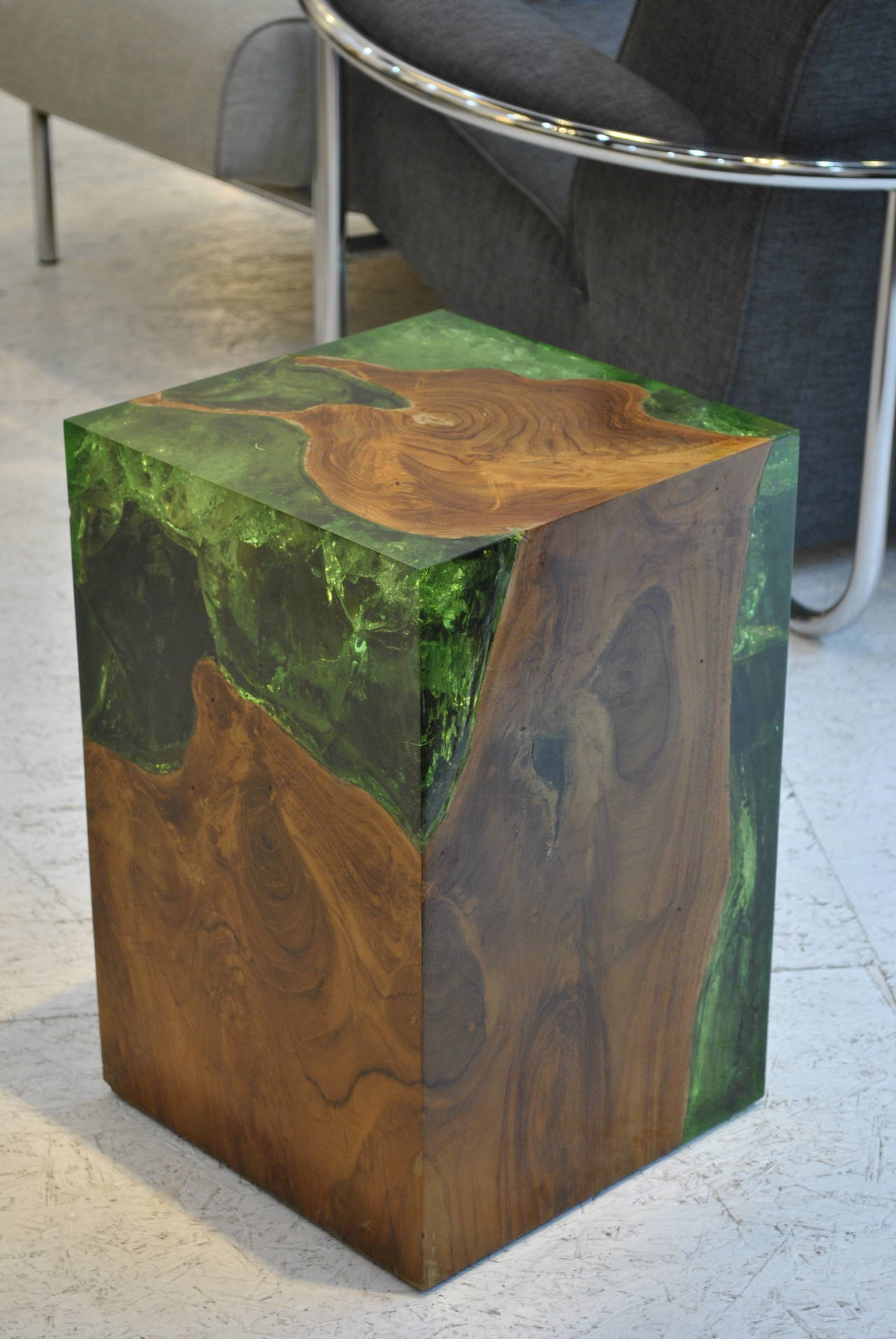 Modern Fractal Resin and Teak Stool or Side Table 1