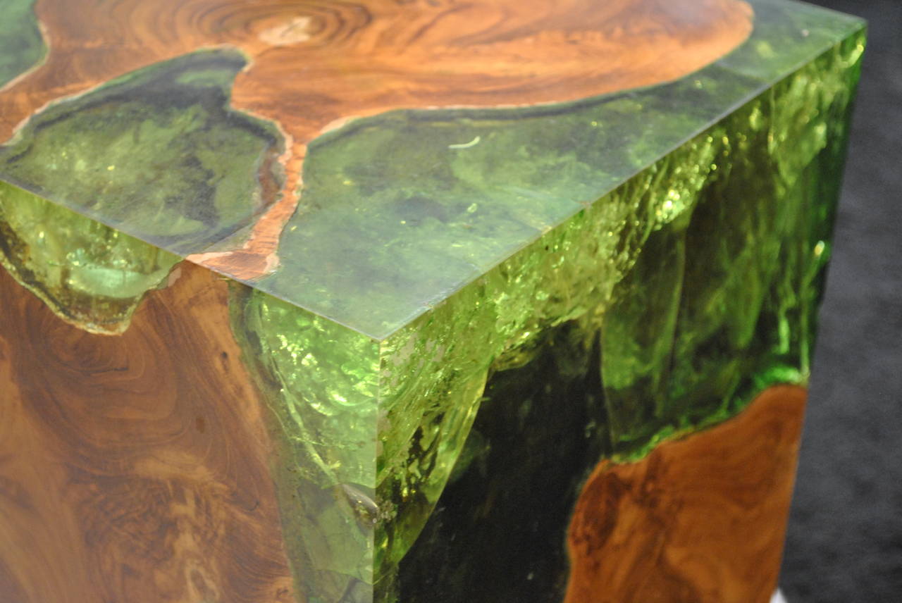 Modern Fractal Resin and Teak Stool or Side Table In Good Condition In Saint-Ouen, FR