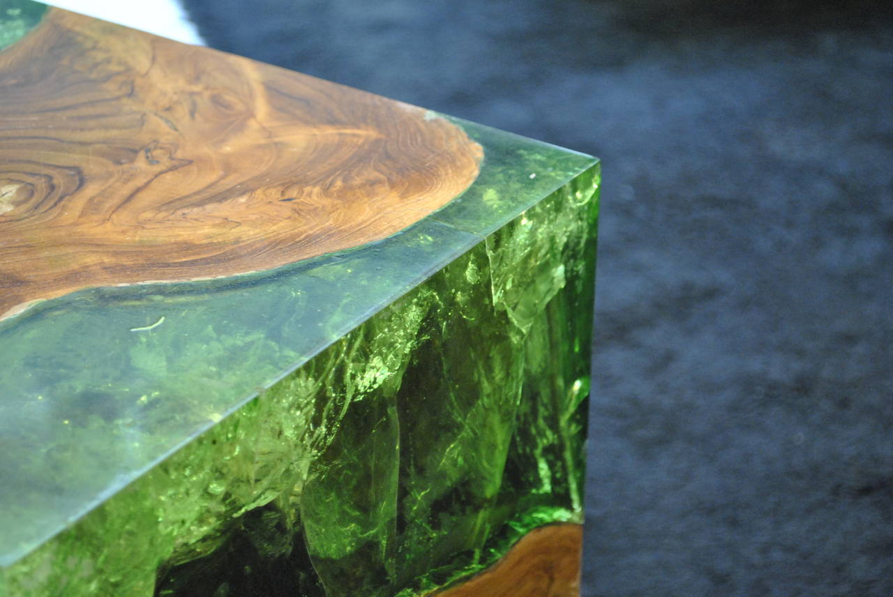 Contemporary Modern Fractal Resin and Teak Stool or Side Table