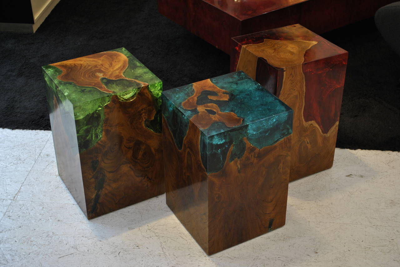 Contemporary Modern Fractal Resin and Teak Stool or Side Table