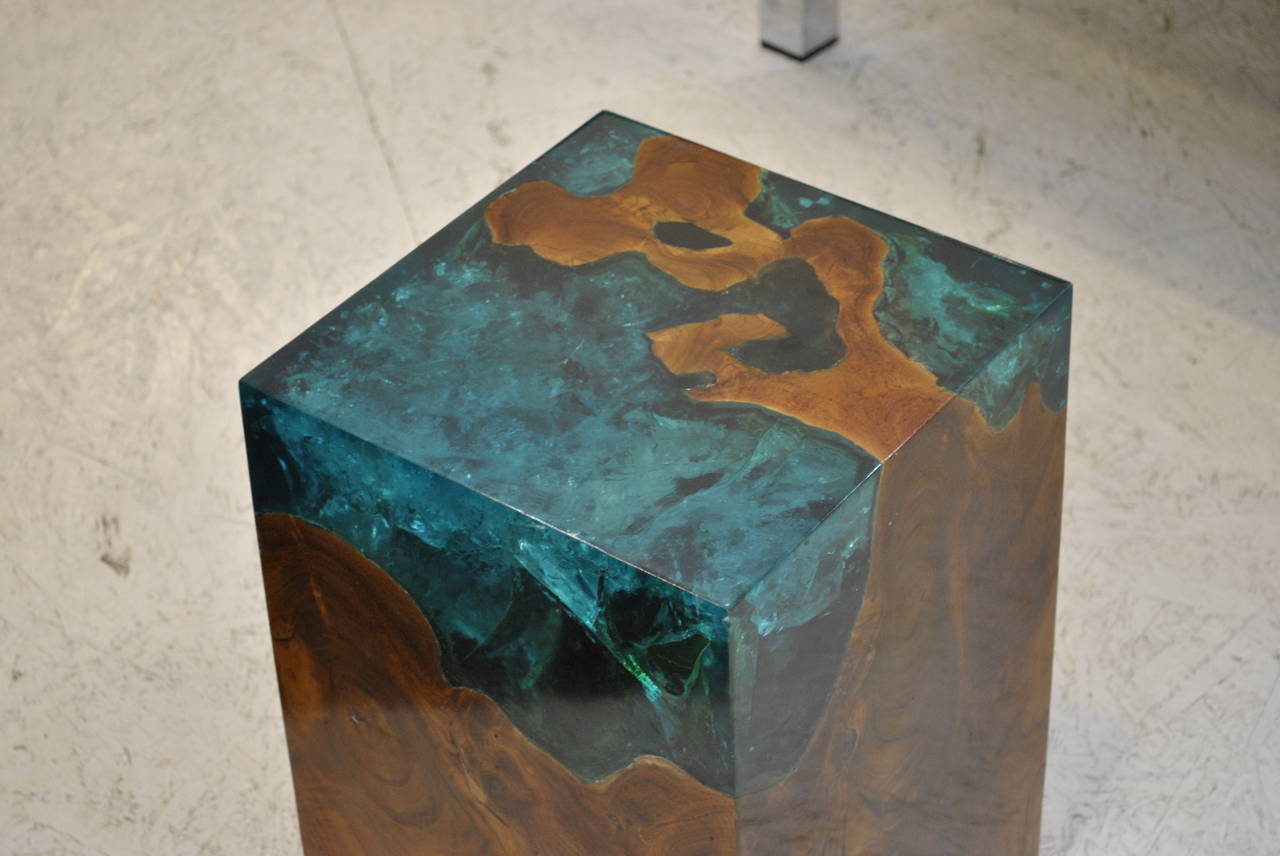 Unknown Modern Fractal Resin and Teak Stool or Side Table