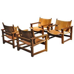 Nice Set of Four Saddle Leather Safari Armchairs by Rivano