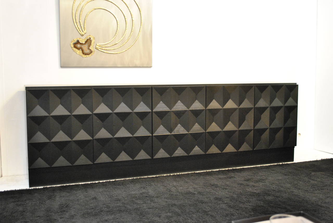 Nice Brutalist Ebonized Oak Sideboard with Geometric Panels, 1970s