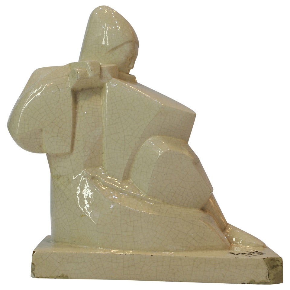 Rare Cubist Crackleware Figurine by E. Hadji and Marcel Guillard Editions Etling