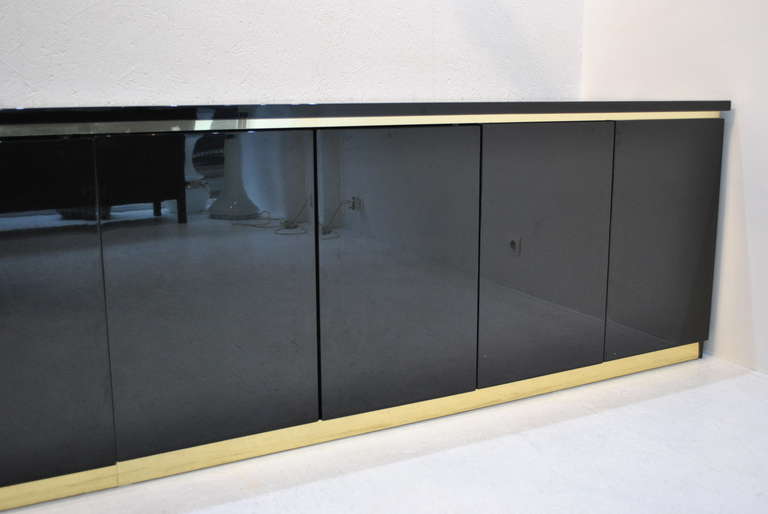Mid-Century Modern One of a Kind Lacquer with Brass Details Credenza by Jean-Claude Mahey