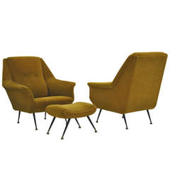 Set of Two 1950s Armchairs by Gio Ponti with Stool