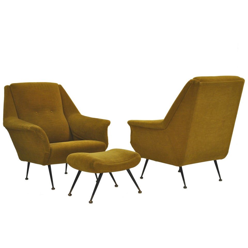 Set of Two 1950s Armchairs by Gio Ponti with Stool