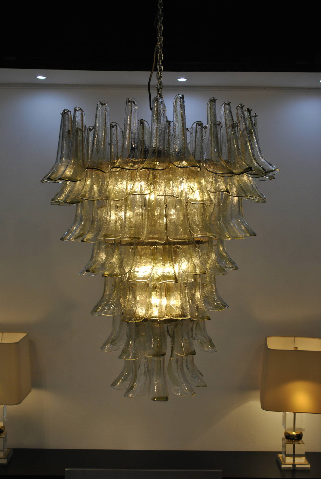 A truly beautiful authentic 1970s clear and green glass 'Leaf' or 'Tulipani' chandelier by Mazzega.

Bronze patinated metal structure, the chandelier is extremely well furnished in glass with a second layer of rectangular glasses on the inside to