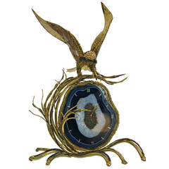 Vintage Exceptional Brass and Agate Illuminated Clock by Richard Faure for Honoré Paris