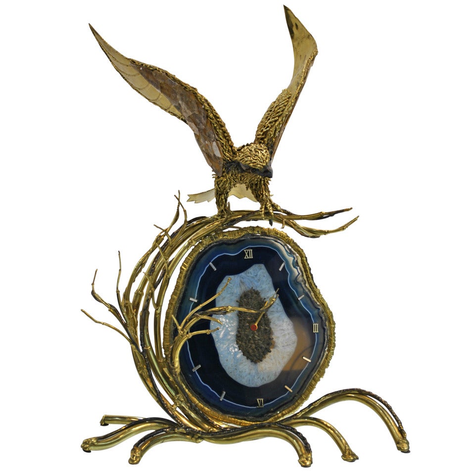 Exceptional Brass and Agate Illuminated Clock by Richard Faure for Honoré Paris