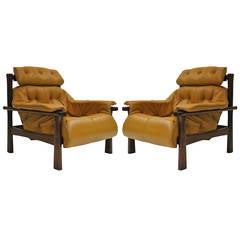 Nice Pair of Brazilian Rosewood and Leather Armchairs with Stool