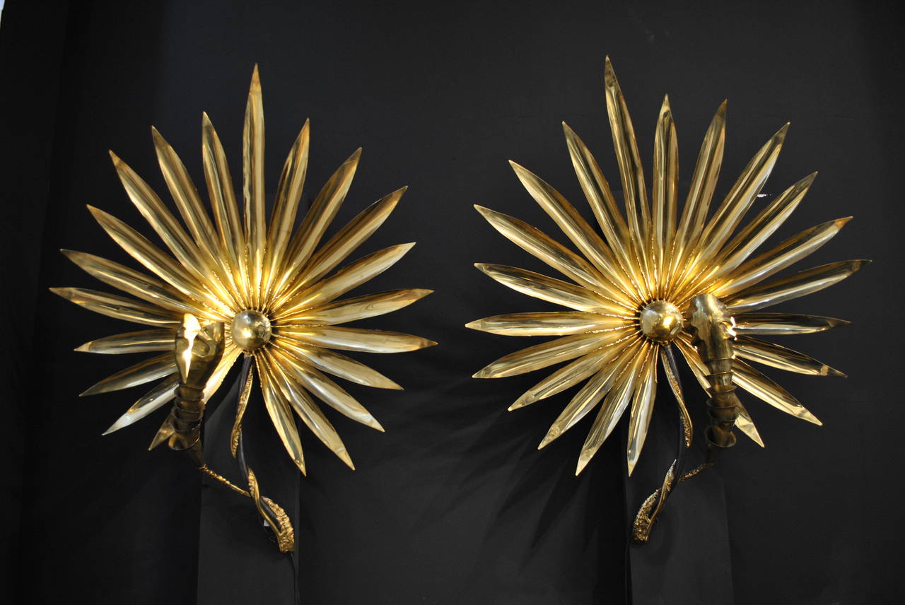 An exceptional pair of wall lights by Henri Fernandez for the atelier of Jacques Duval-Brasseur. These lamps were made on demand by Fernandez for a private person in Paris. We bought the lamps direct from the original owner.

The very large size