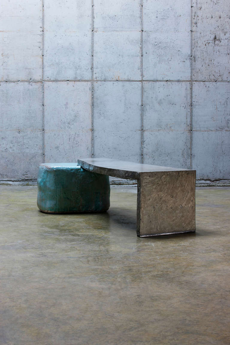 Oblong Concrete Table with Ceramic Stool by Lee Hun Chung In Excellent Condition For Sale In West Hollywood, CA