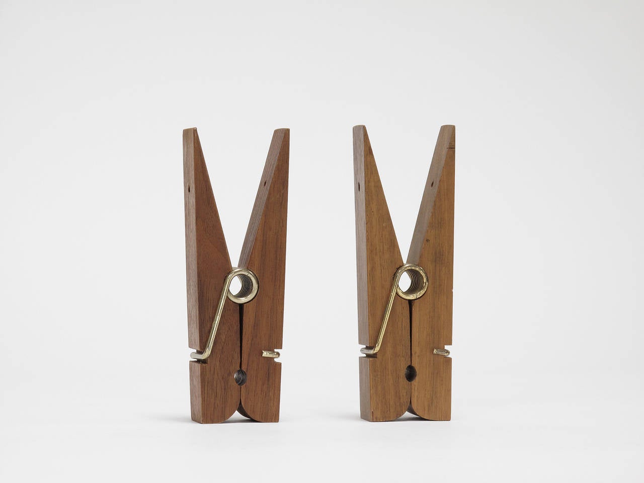 Pair of Solid Wood and Brass Oversized Clothespins For Sale 1