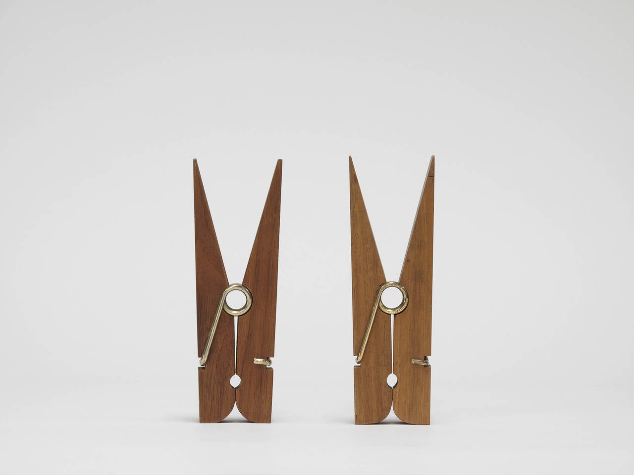 Late 20th Century Pair of Solid Wood and Brass Oversized Clothespins For Sale