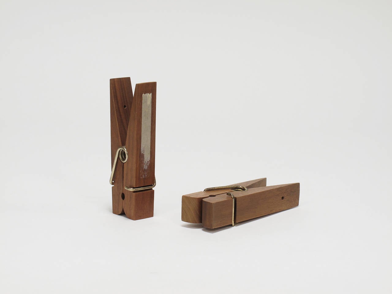 Pair of Solid Wood and Brass Oversized Clothespins For Sale 3