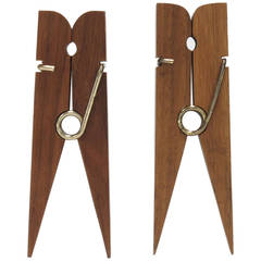Vintage Pair of Solid Wood and Brass Oversized Clothespins