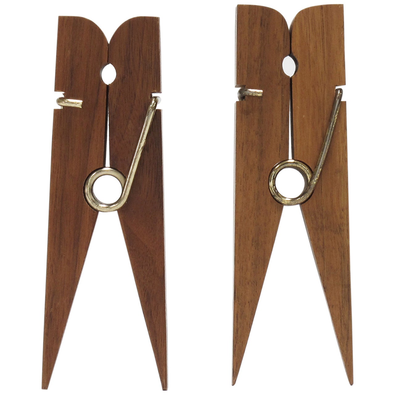 Pair of Solid Wood and Brass Oversized Clothespins For Sale