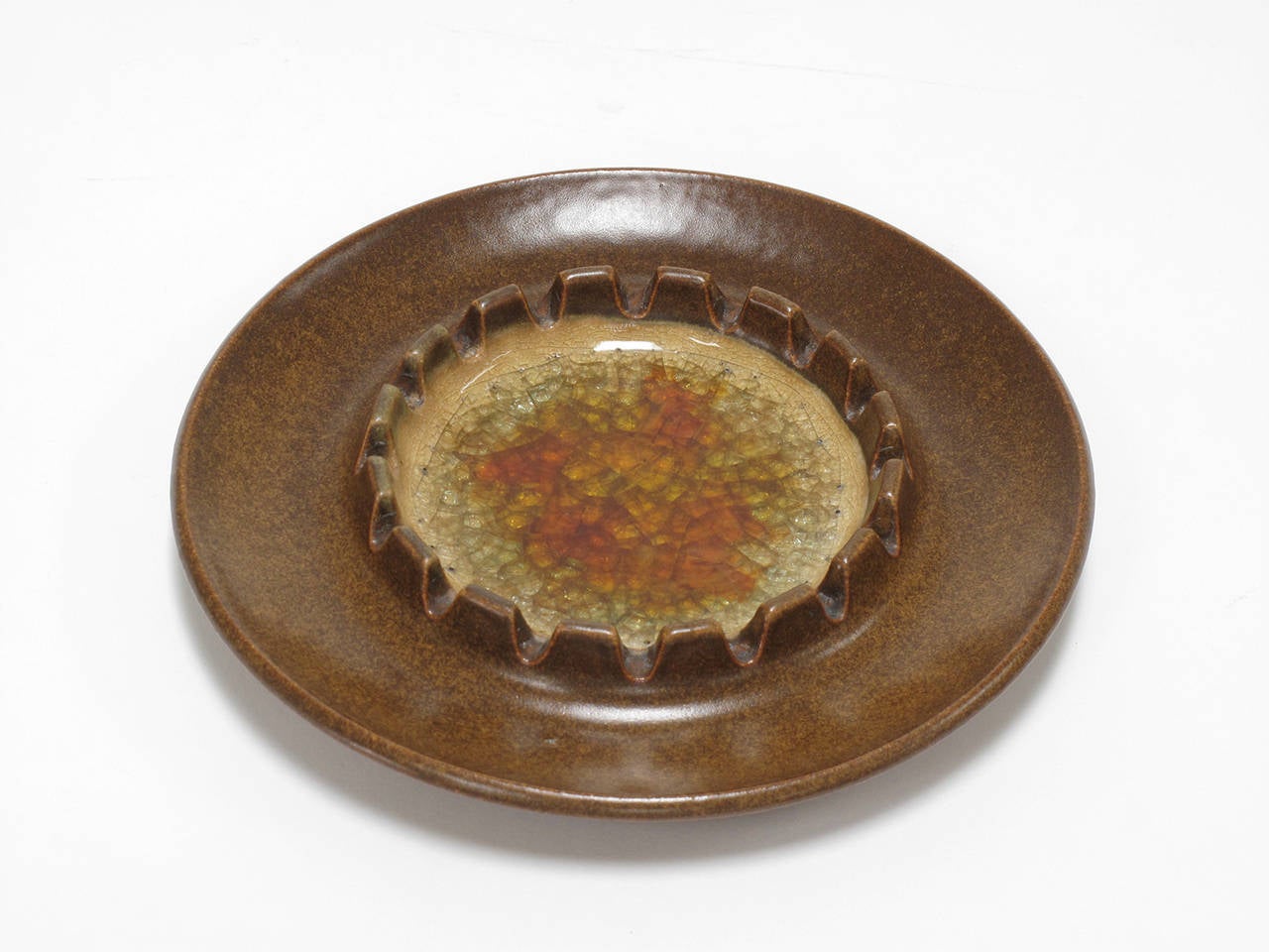 Glazed stoneware dish with melted Blenko glass center made by Robert Maxwell, California, 1965, signed by the artist.