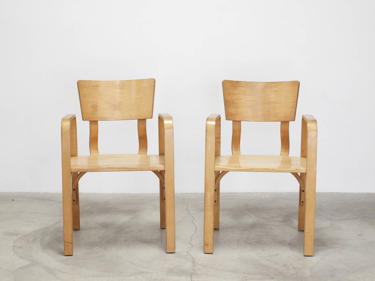 Vintage Thonet armchairs, molded birch plywood, 1950s, New York, NY, dimensions in inches: 33.25 high x 22 wide x 20.25 deep x 17.75 seat height, condition: good vintage