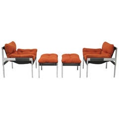 Pair of Sling Lounge Chairs and Ottomans by Byron Betker