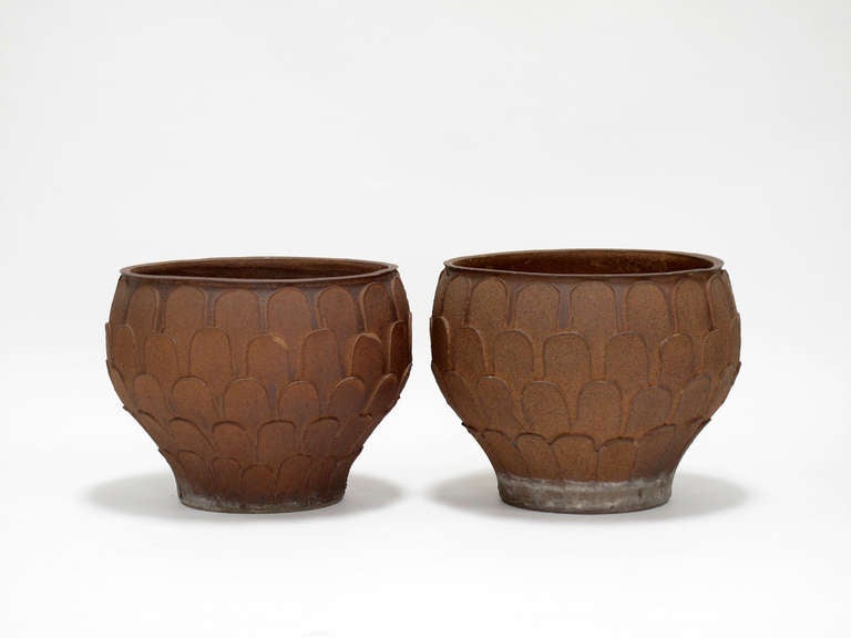 Mid-Century Modern Pair of Stoneware Architectural Pottery Pro/Artisan Planters by David Cressey