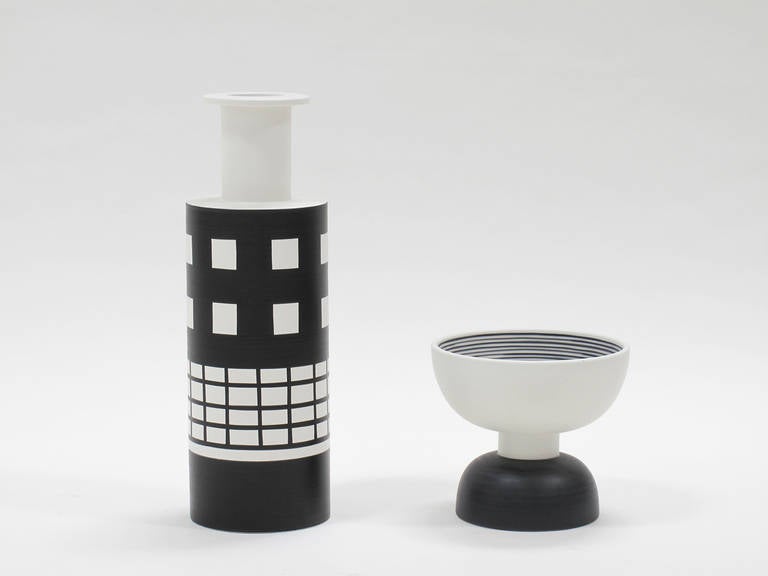 Ettore Sottsass
Ceramic Vase and Footed Bowl
Designed by Ettore Sottsass in 1959 for Il Sestante and re-edited by Bitossi for the 'Hollywood Collection'
Measurements of vase in inches: 17.75 high x 6 diameter
Measurements of footed bowl in