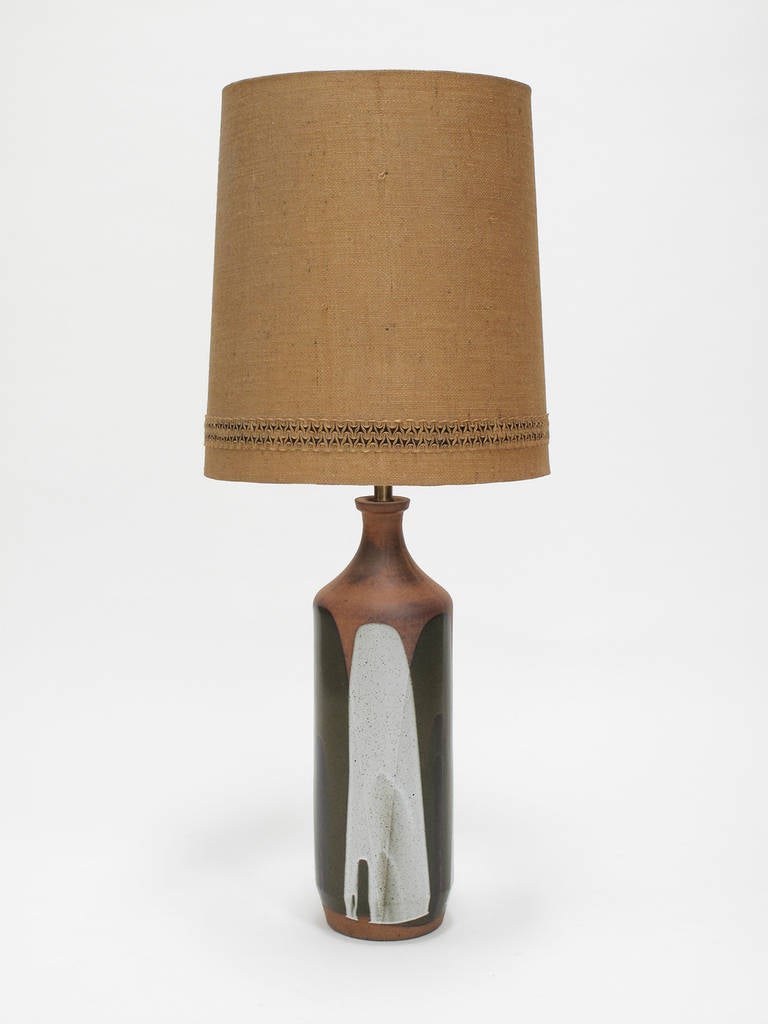 David Cressey 'Flame' glaze design ceramic table lamp, 1960s, stoneware, glazed dark olive and stone white over unglazed lamp form, Pro Artisan Collection, Architectural Pottery, Los Angeles, California

Note – lamp shade is not included