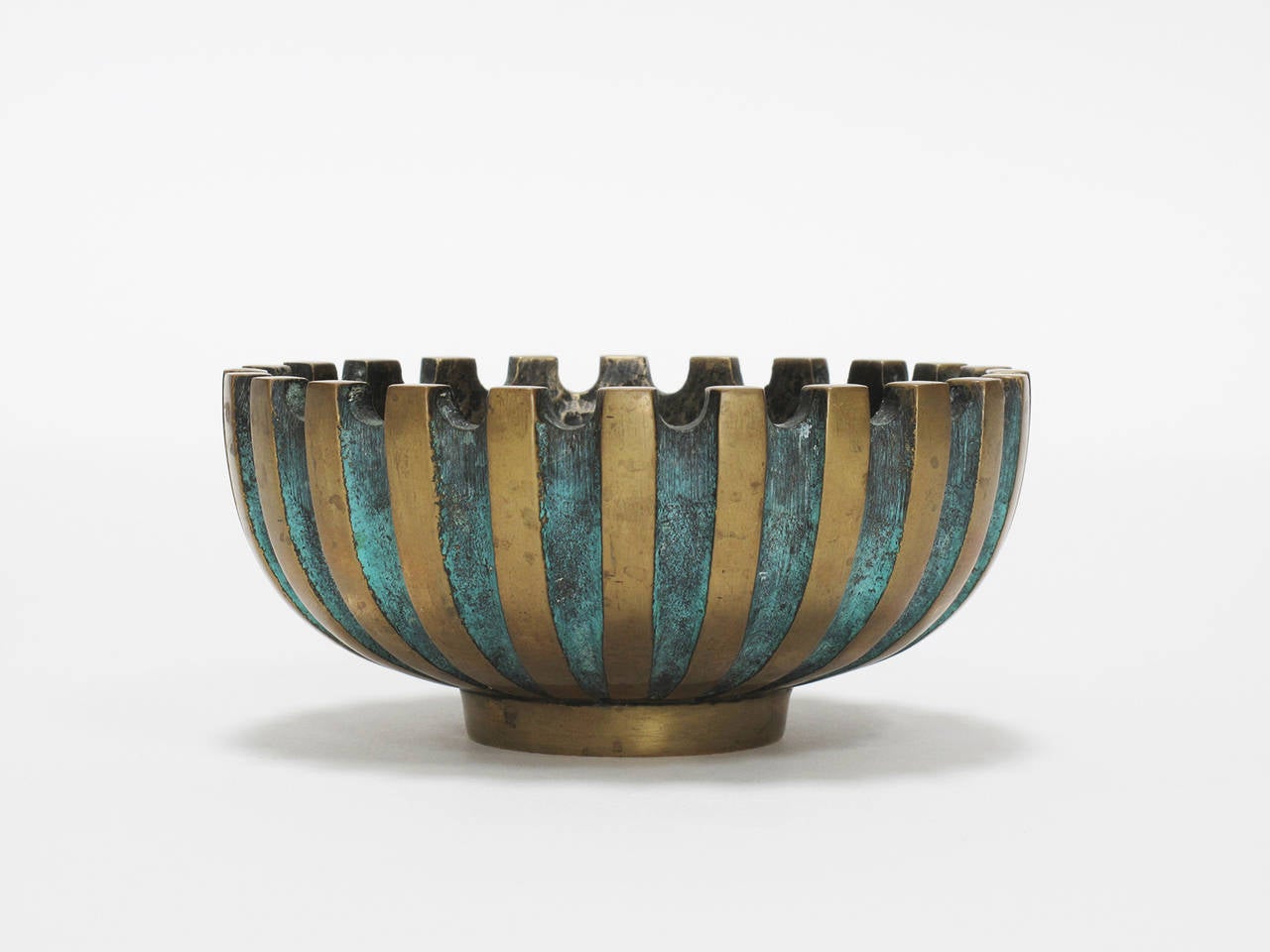 Solid bronze object bowl with verdigris patina designed by Maurice Ascalon and made by Pal-Bell, Tel Aviv, Israel, 1939-1956.