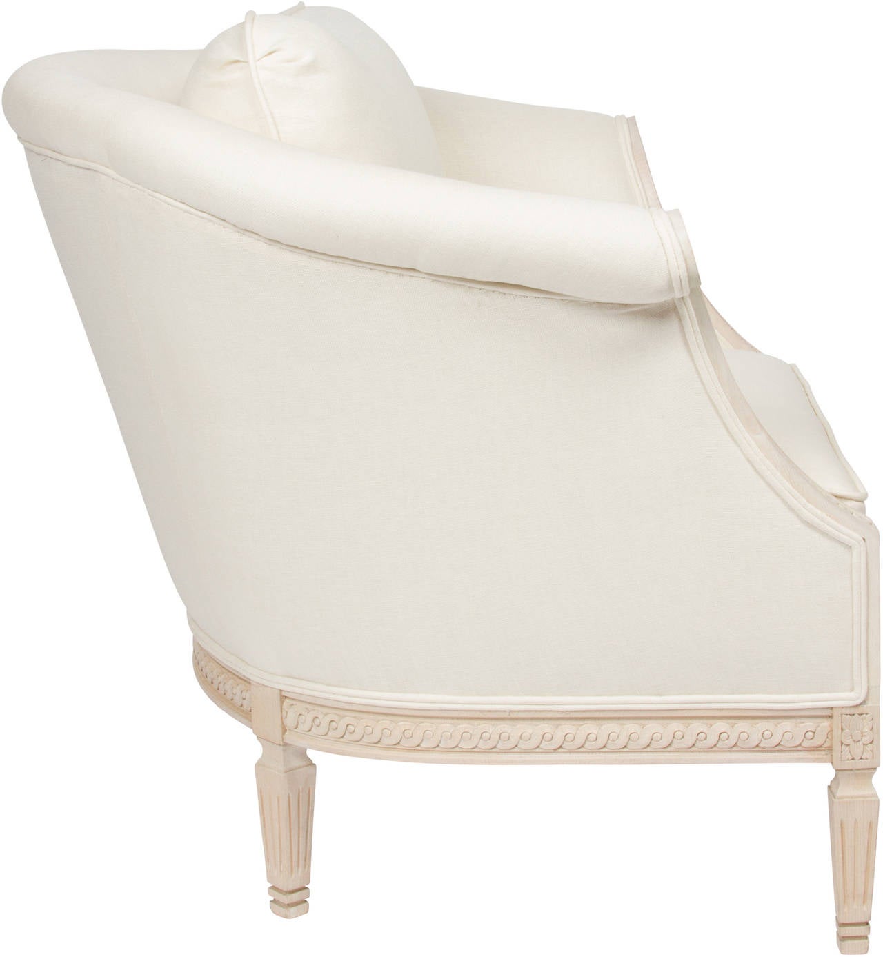 Chic pair of Regency style bergère chairs with bleached maple frames, in linen.
