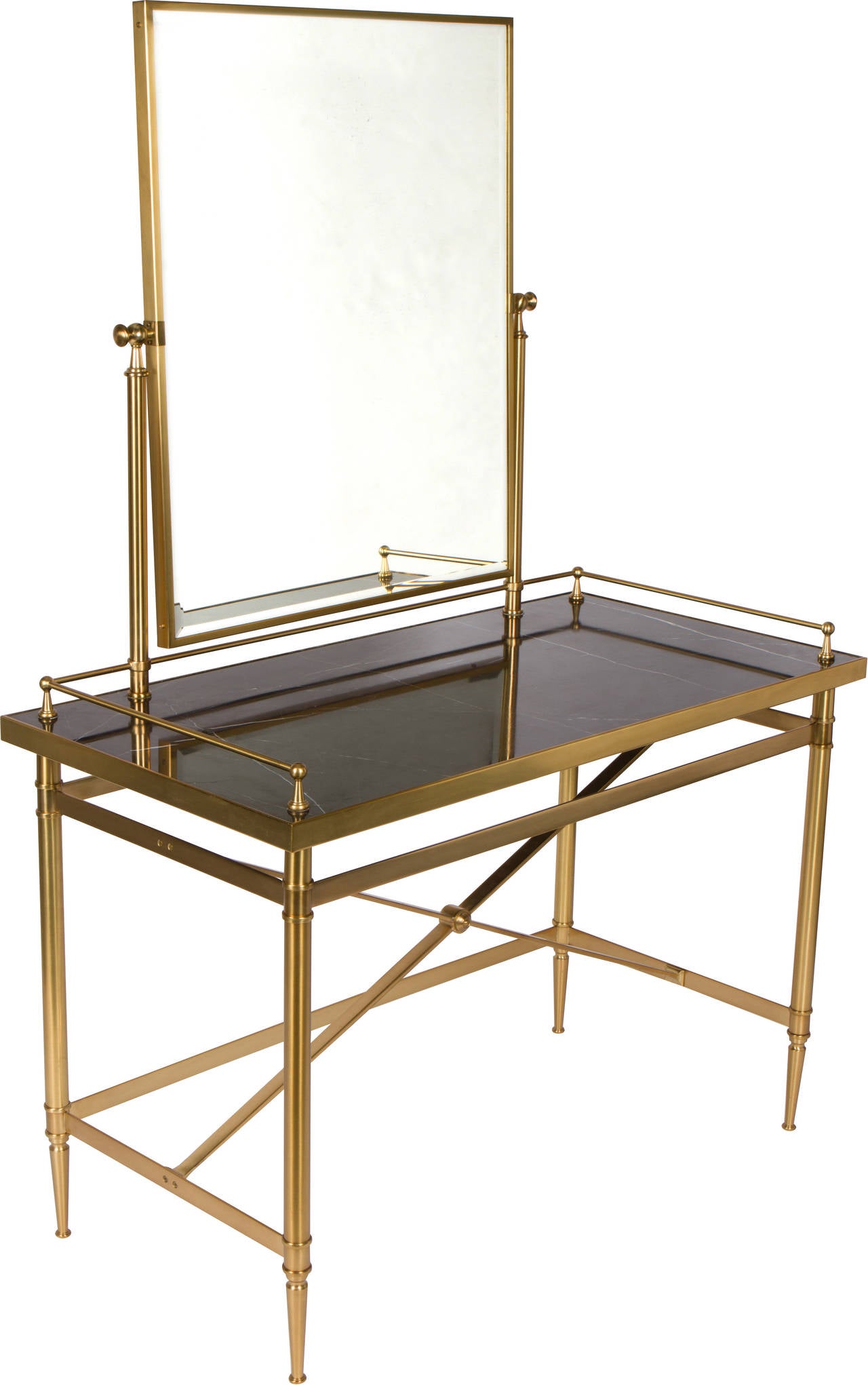 Glamorous brass and marble-top vanity table with attached mirror, circa 1980s.