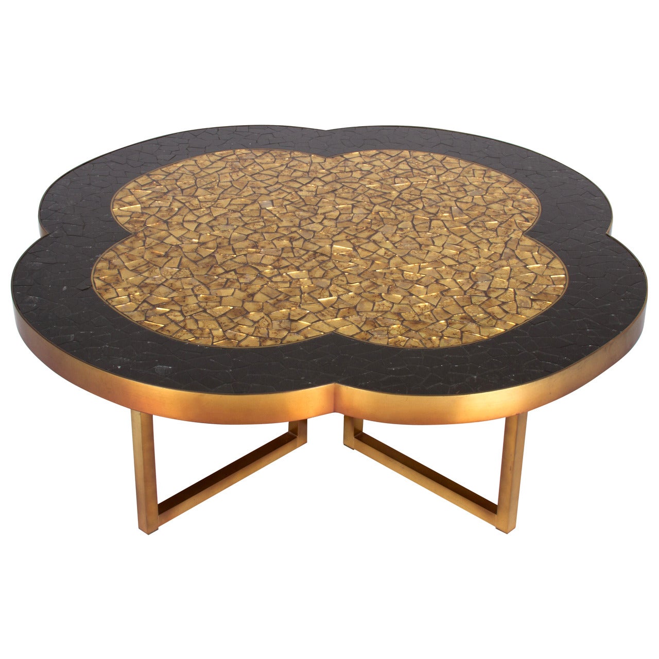 Gold Leaf and Black Glass Mosaic Quatrefoil Coffee Table on Bronze Base